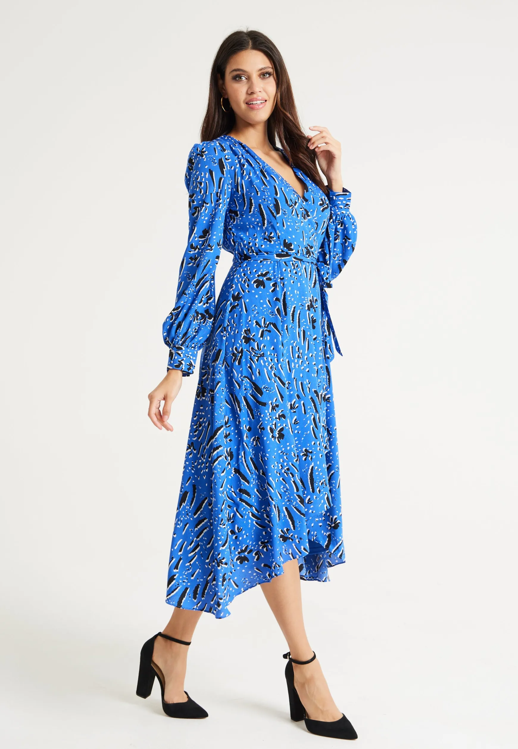 Women's Midi Wrap Dress in Cobalt Blue with Full-Length Sleeves - Artistic Floral Design by Liquorish