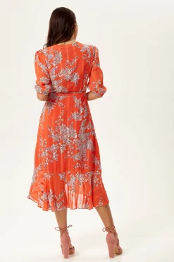 Women's Midi Wrap Dress in Red Floral Print with Short Sleeves - Elegant Design by Liquorish