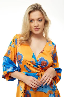 Women's Midi Wrap Dress in Orange & Blue Floral Print with Balloon Sleeves - Asymmetric Style - Luxe Liquorish