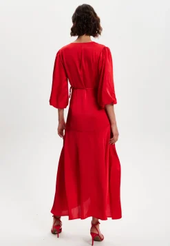 Women's Midi Wrap Dress in Red with Short Puff Sleeves - Elegant Design for Any Occasion by Liquorish