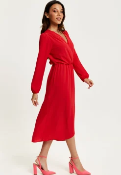 Women's Midi Wrap Dress in Red with Long Sleeves and V Neck - Regular Fit by Liquorish