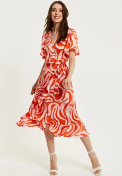 Women's Midi Wrap Dress in Pink and Red Abstract Print with Short Sleeves - Flattering V Neck and Tie Waist by Liquorish