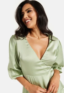 Women's Midi Wrap Dress in Sage Green with Short Puff Sleeves - Elegant Style and Comfort by Liquorish