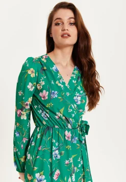 Women's Midi Wrap Dress in Green Floral Print with Long Sleeves - Chic Elegance by Liquorish