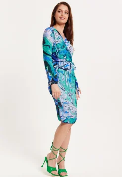 Women's Midi Wrap Dress in Turquoise Marble Print with Long Sleeves - Elegant Design by Liquorish