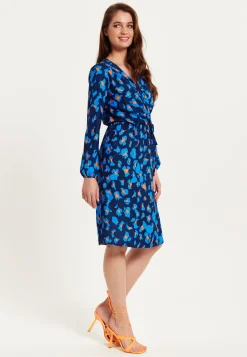 Women's Midi Wrap Dress in Blue with Long Sleeves - Elegant Abstract Print Design by Liquorish