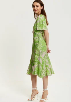 Women's Midi Wrap Dress in Tropical Print with Short Sleeves - V Neck, Regular Fit, Perfect for Summer by Liquorish