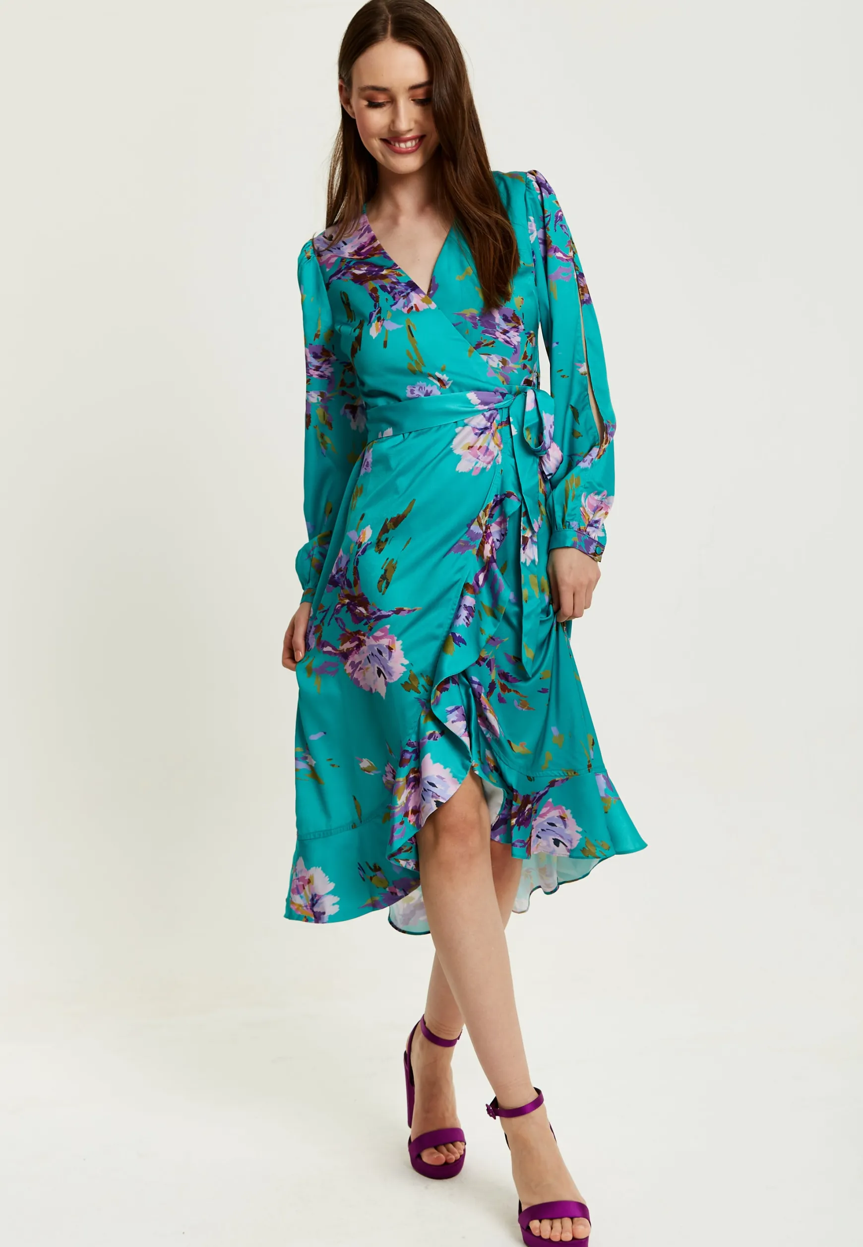 Women's Midi Wrap Dress in Green with Long Sleeve Slits, V Neck Style - Floral Print by Liquorish