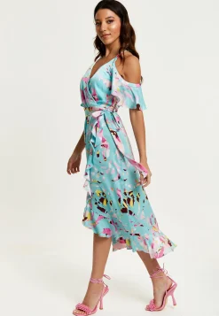 Women's Midi Wrap Dress in Blue Abstract Print with Cold Shoulders and Tie Waist - Elegant Style by Liquorish
