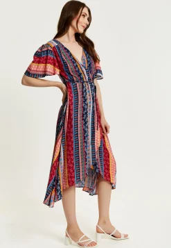 Women's Midi Wrap Dress in Multicolour with Short Sleeves and Paisley Print - Elegant V Neck Design by Liquorish
