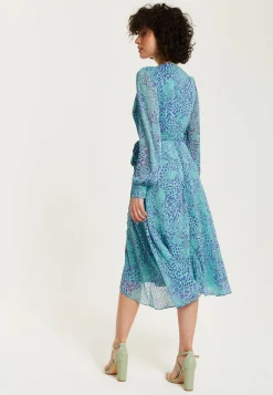 Women's Midi Wrap Dress in Blue with Long Sleeves, Animal Print Design and Tie Waist by Liquorish