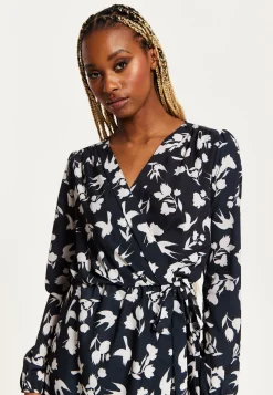 Women's Midi Wrap Dress in Navy with Long Sleeves and Floral & Bird Print - Chic Style by Liquorish