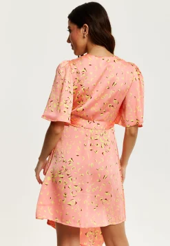 Women's Midi Wrap Dress in Peach with V-Neck, Side Tie, Kimono Sleeves - Stylish and Comfortable by Liquorish