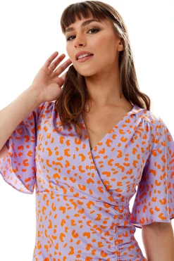 Women's Midi Wrap Dress in Lilac and Orange with Kimono Sleeves - Elegant Cheetah Print Design by Liquorish
