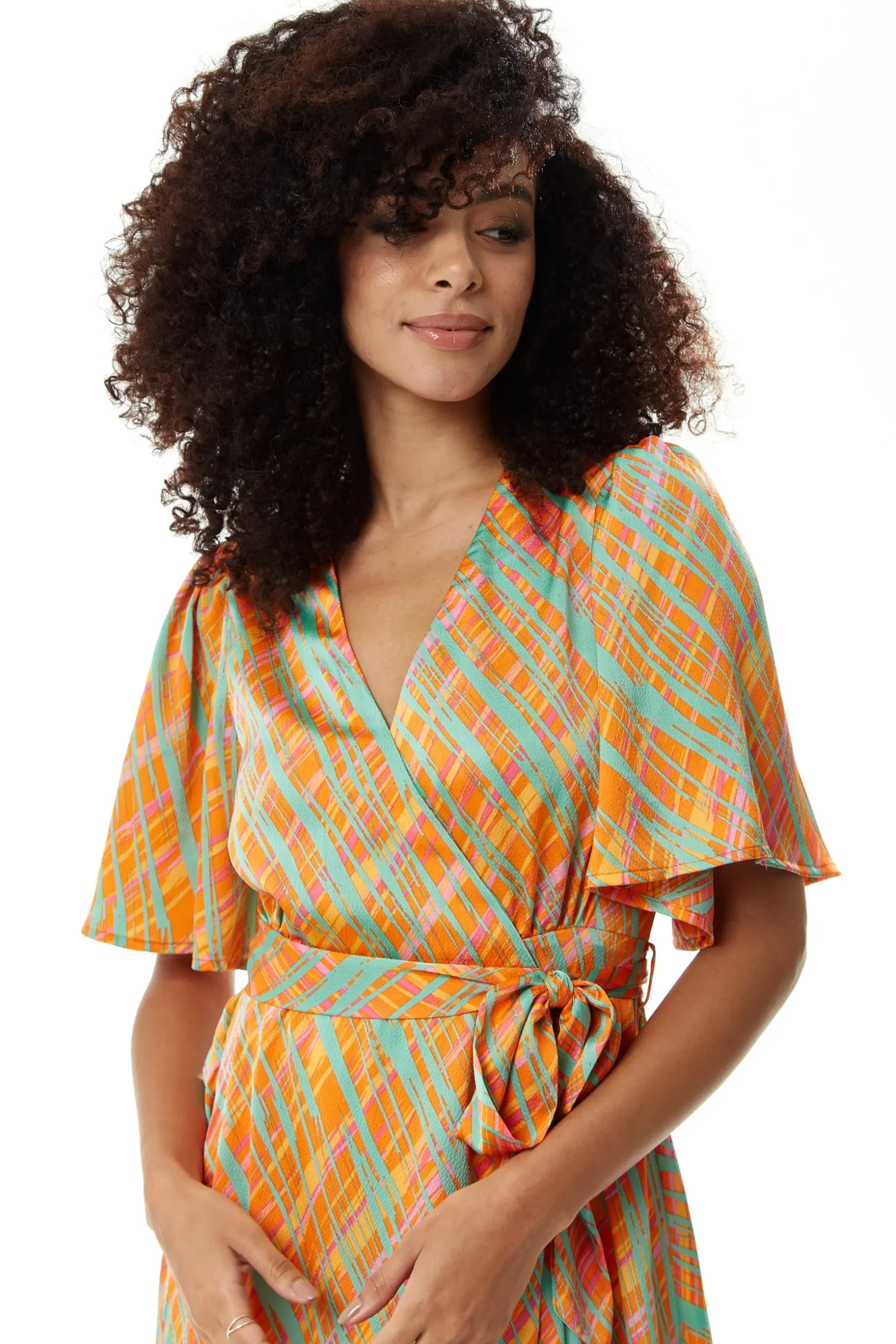 Women's Midi Wrap Dress in Orange Scribble Print with V Neck and Kimono Sleeves - Perfect for Weddings by Liquorish