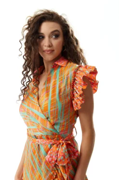 Women's Midi Wrap Dress in Orange Scribble Print with Frill Short Sleeves and Tie Waist - Elegant Wedding Style by Liquorish