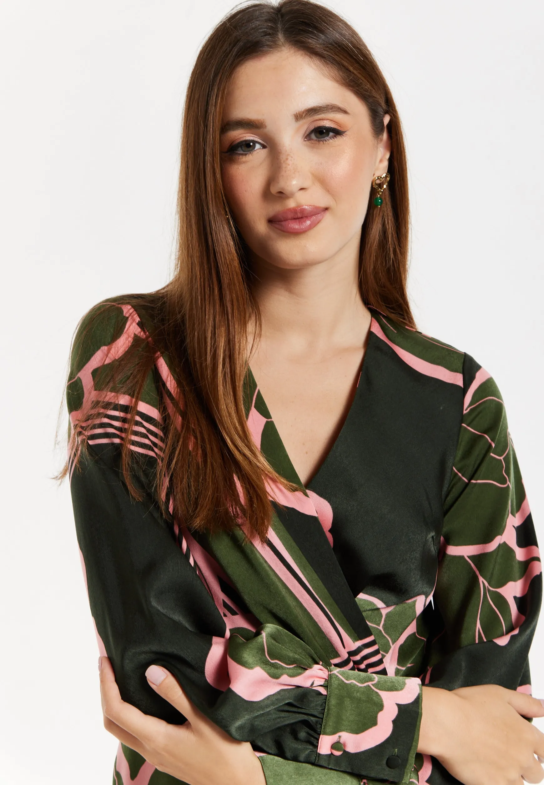 Women's Midi Wrap Dress in Dark Green with Long Sleeves and Geometric Floral Print by Liquorish