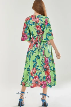 Women's Midi Wrap Dress in Green with Flared Sleeves - Elegant Floral Design by Liquorish