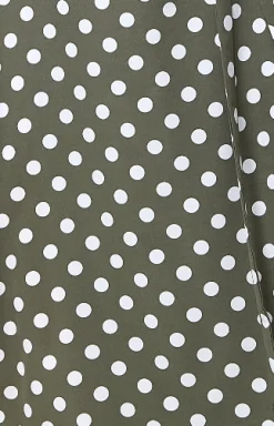 Women's Midi Wrap Dress in Khaki with Kimono Sleeves - Chic Polka Dot Design by Liquorish