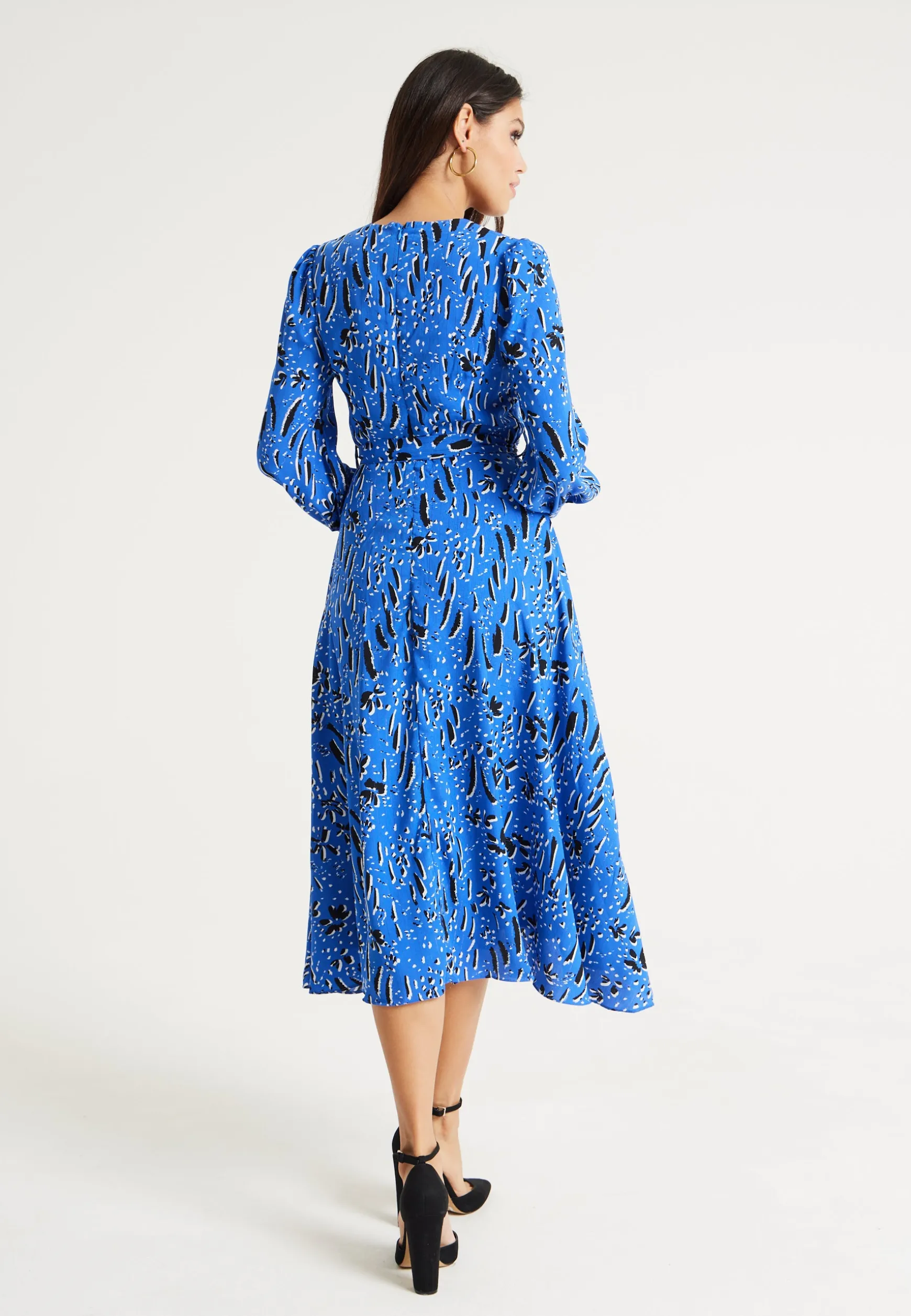 Women's Midi Wrap Dress in Cobalt Blue with Full-Length Sleeves - Artistic Floral Design by Liquorish