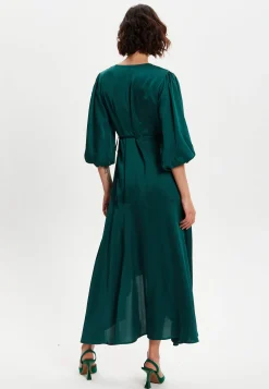Women's Midi Wrap Dress in Dark Green with Short Puff Sleeves - Elegant Design by Liquorish