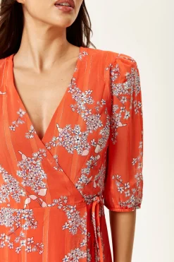 Women's Midi Wrap Dress in Red Floral Print with Short Sleeves - Elegant Design by Liquorish