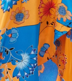 Women's Midi Wrap Dress in Orange & Blue Floral Print with Balloon Sleeves - Asymmetric Style - Luxe Liquorish