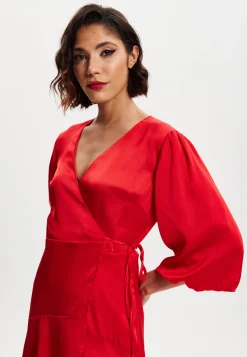 Women's Midi Wrap Dress in Red with Short Puff Sleeves - Elegant Design for Any Occasion by Liquorish