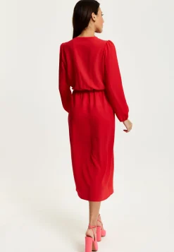 Women's Midi Wrap Dress in Red with Long Sleeves and V Neck - Regular Fit by Liquorish