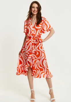 Women's Midi Wrap Dress in Pink and Red Abstract Print with Short Sleeves - Flattering V Neck and Tie Waist by Liquorish