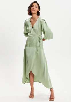 Women's Midi Wrap Dress in Sage Green with Short Puff Sleeves - Elegant Style and Comfort by Liquorish