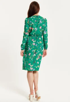 Women's Midi Wrap Dress in Green Floral Print with Long Sleeves - Chic Elegance by Liquorish