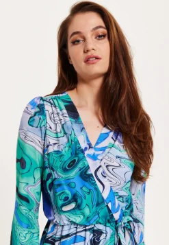 Women's Midi Wrap Dress in Turquoise Marble Print with Long Sleeves - Elegant Design by Liquorish