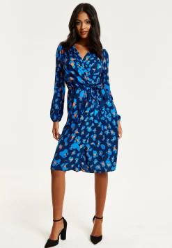 Women's Midi Wrap Dress in Blue with Long Sleeves - Elegant Abstract Print Design by Liquorish