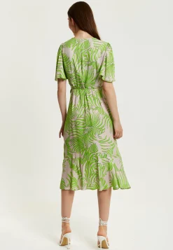 Women's Midi Wrap Dress in Tropical Print with Short Sleeves - V Neck, Regular Fit, Perfect for Summer by Liquorish