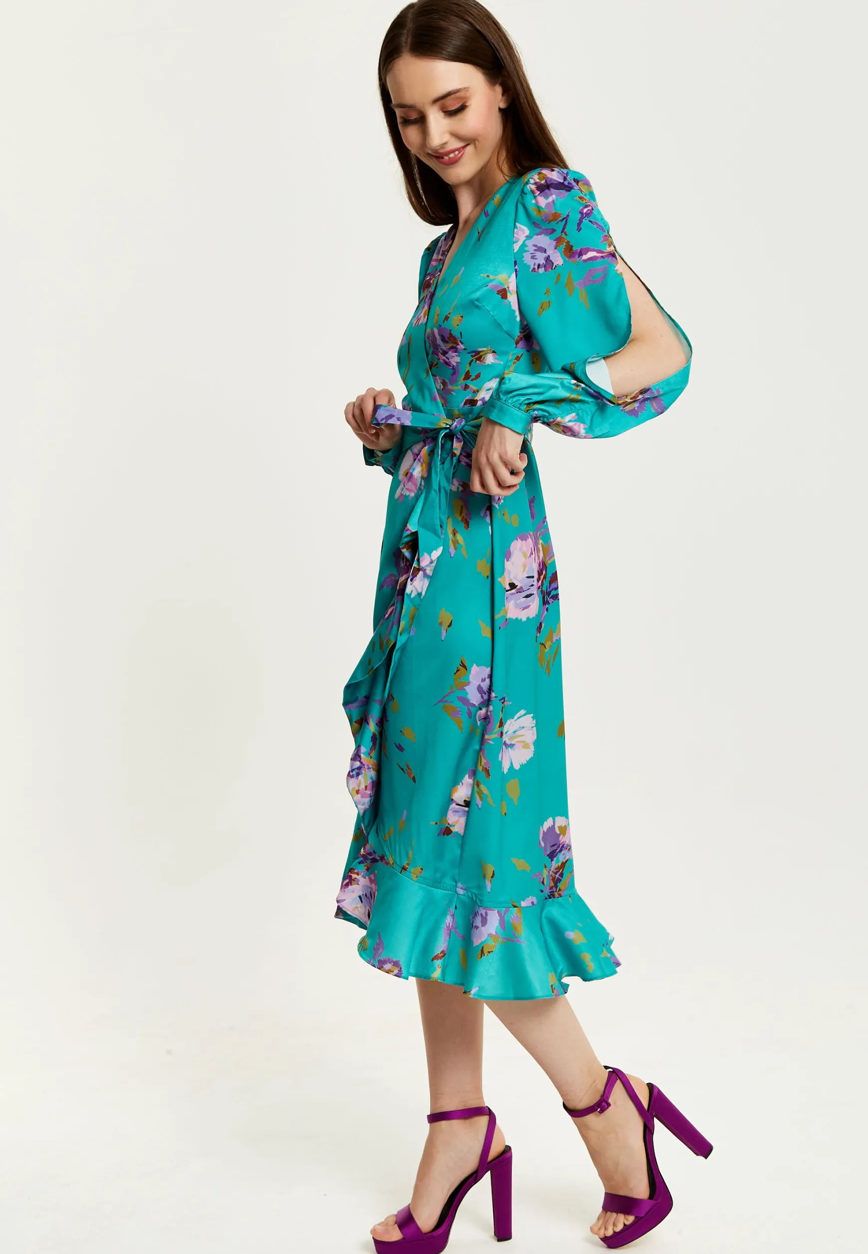 Women's Midi Wrap Dress in Green with Long Sleeve Slits, V Neck Style - Floral Print by Liquorish