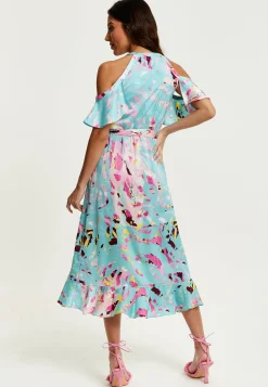 Women's Midi Wrap Dress in Blue Abstract Print with Cold Shoulders and Tie Waist - Elegant Style by Liquorish