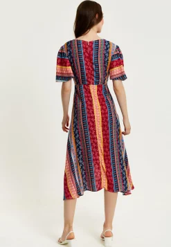 Women's Midi Wrap Dress in Multicolour with Short Sleeves and Paisley Print - Elegant V Neck Design by Liquorish