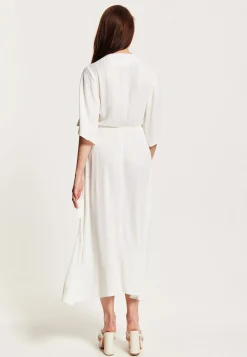 Women's Midi Wrap Dress in White - Short Kimono Sleeves with Matching Tie Waist for a Flattering Fit by Liquorish