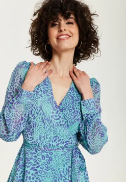 Women's Midi Wrap Dress in Blue with Long Sleeves, Animal Print Design and Tie Waist by Liquorish