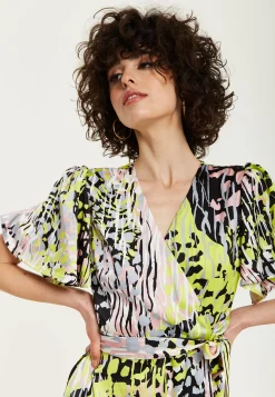 Women's Midi Wrap Dress in Vibrant Multicolour Abstract Print with Short Sleeves - Liquorish