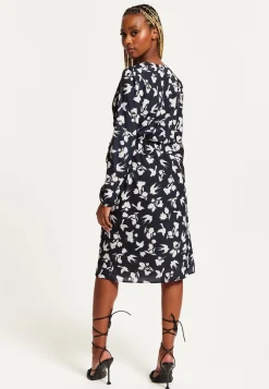 Women's Midi Wrap Dress in Navy with Long Sleeves and Floral & Bird Print - Chic Style by Liquorish