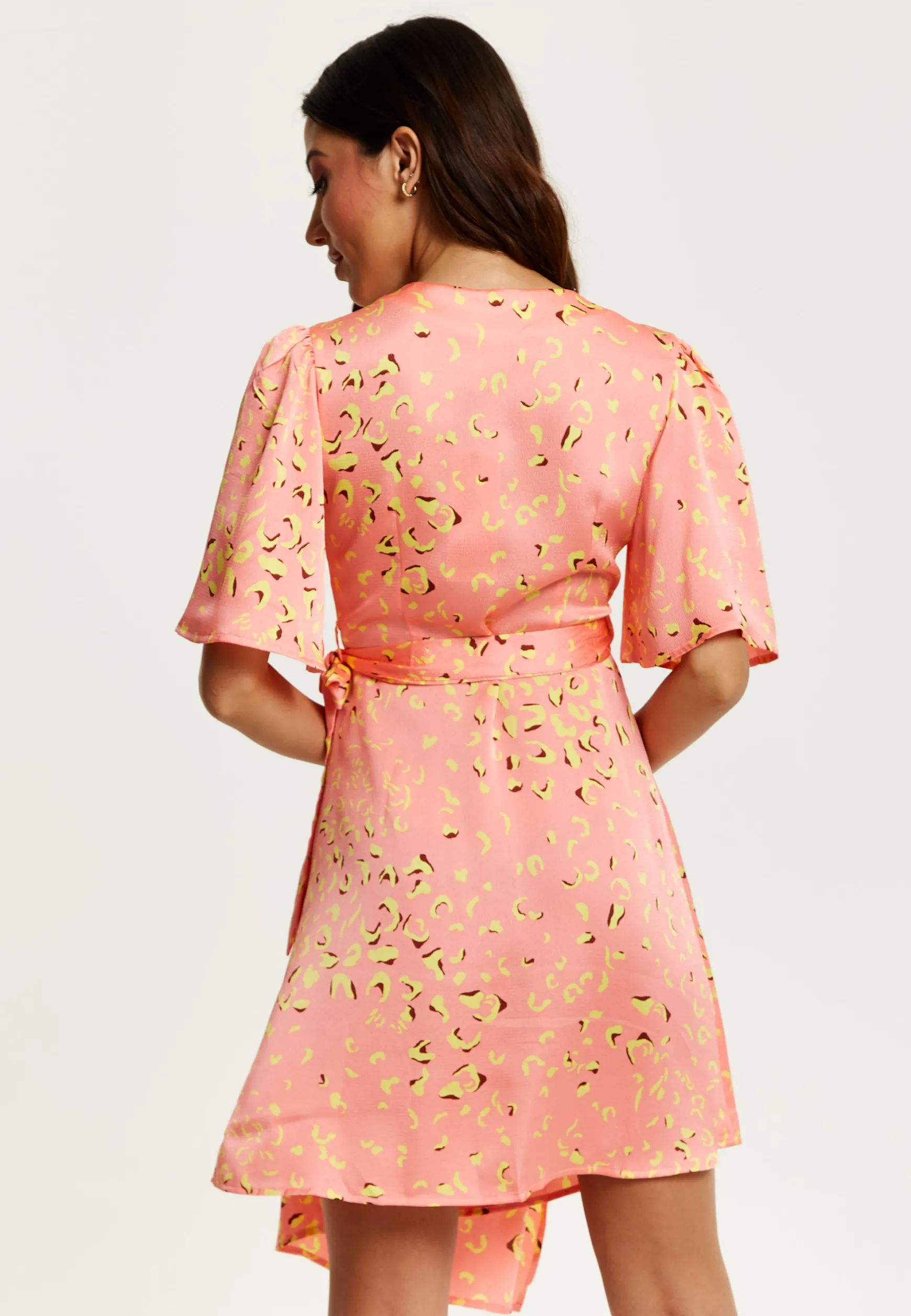 Women's Midi Wrap Dress in Peach with V-Neck, Side Tie, Kimono Sleeves - Stylish and Comfortable by Liquorish