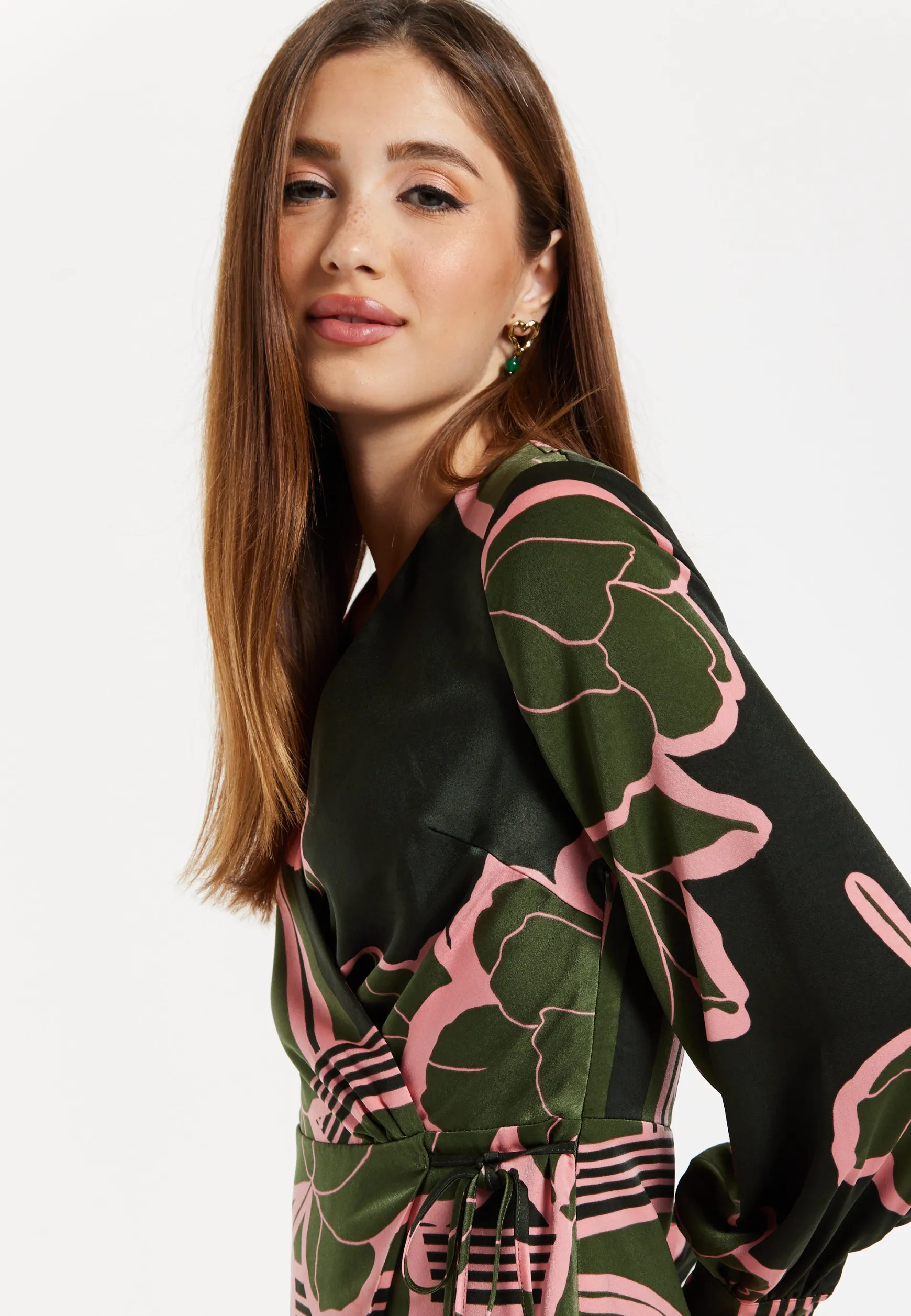 Women's Midi Wrap Dress in Dark Green with Long Sleeves and Geometric Floral Print by Liquorish