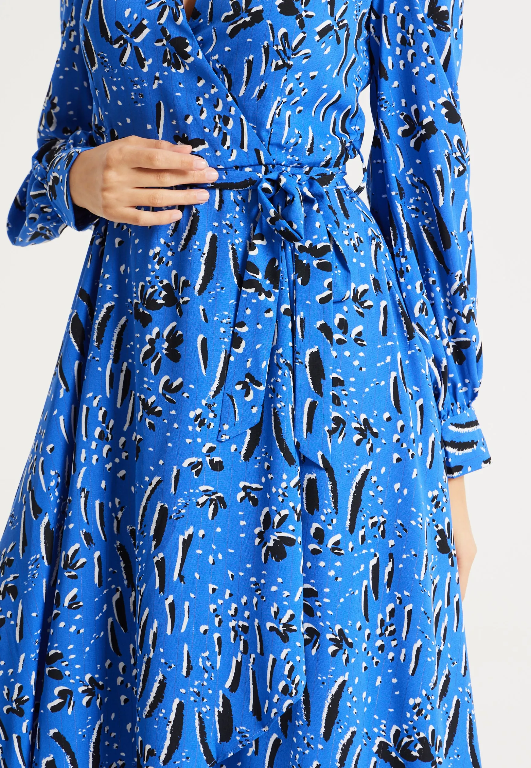 Women's Midi Wrap Dress in Cobalt Blue with Full-Length Sleeves - Artistic Floral Design by Liquorish
