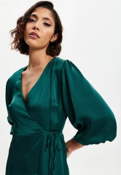 Women's Midi Wrap Dress in Dark Green with Short Puff Sleeves - Elegant Design by Liquorish