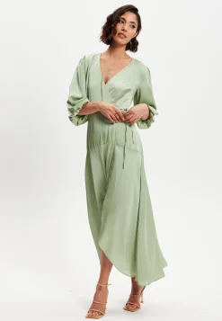 Women's Midi Wrap Dress in Sage Green with Short Puff Sleeves - Elegant Style and Comfort by Liquorish