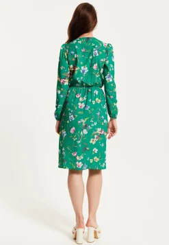 Women's Midi Wrap Dress in Green Floral Print with Long Sleeves - Chic Elegance by Liquorish