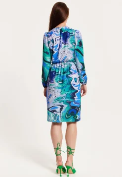 Women's Midi Wrap Dress in Turquoise Marble Print with Long Sleeves - Elegant Design by Liquorish
