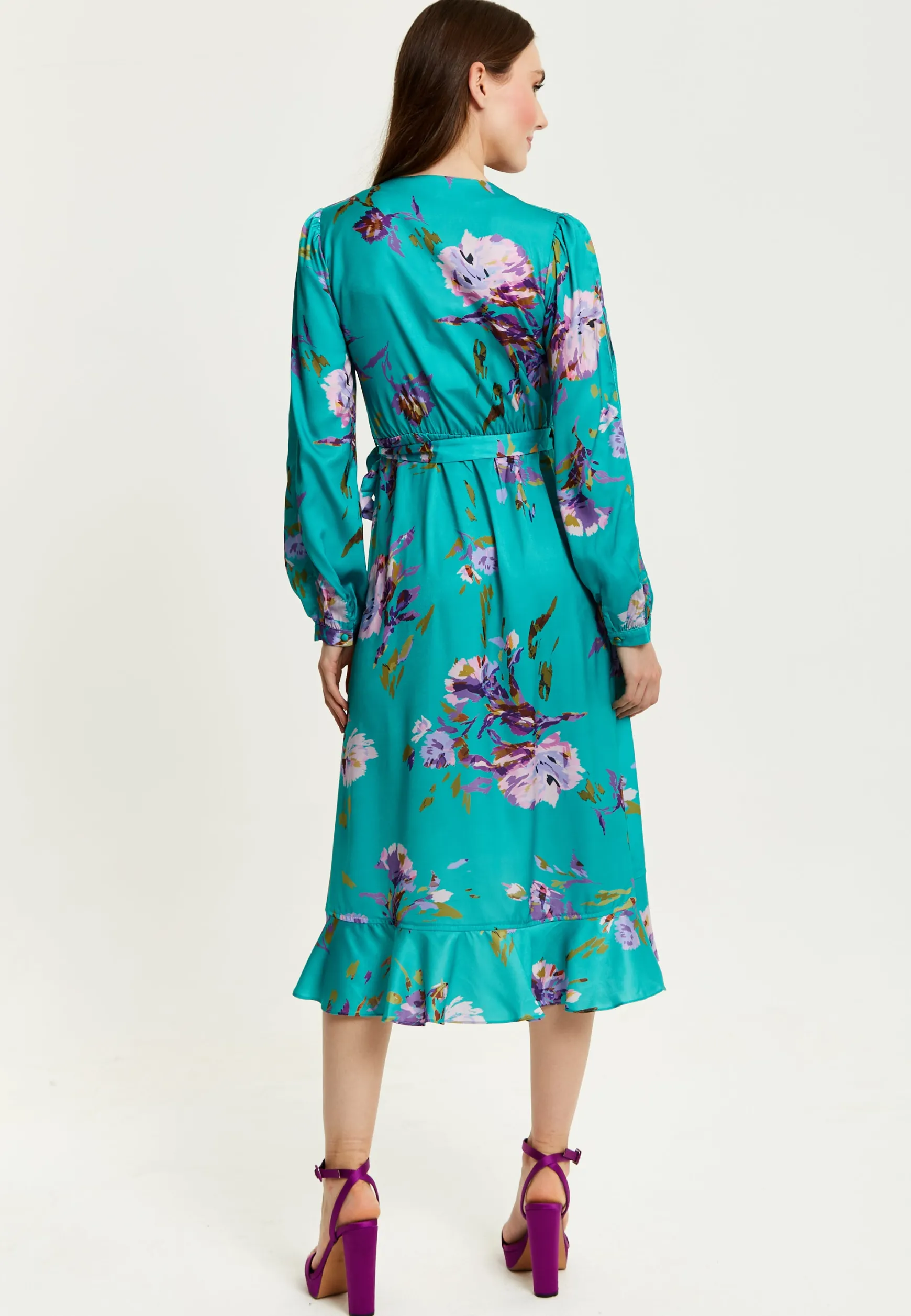 Women's Midi Wrap Dress in Green with Long Sleeve Slits, V Neck Style - Floral Print by Liquorish